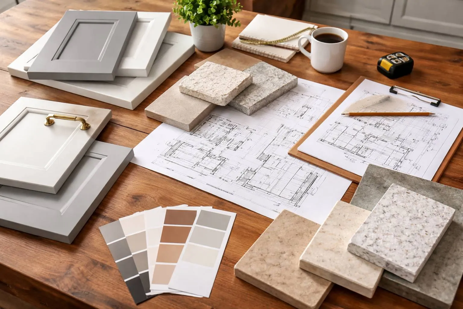 Kitchen remodel planning with countertop samples, cabinet doors, and layout drawings
